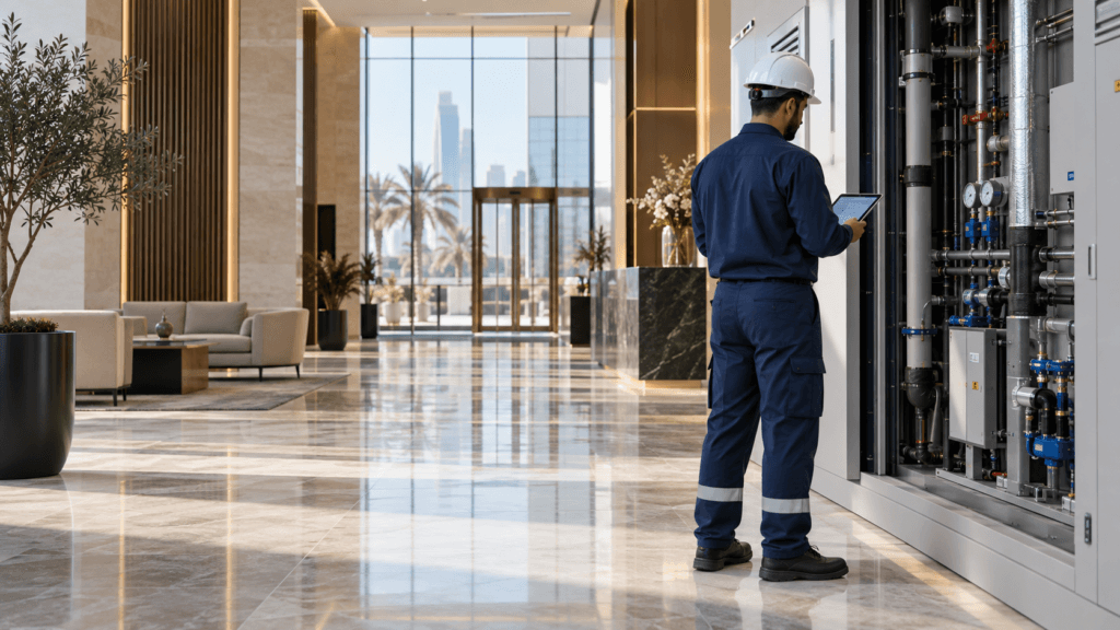 فني صيانة يفحص أنظمة مبنى ضمن إدارة العقارات في المنطقة الشرقية